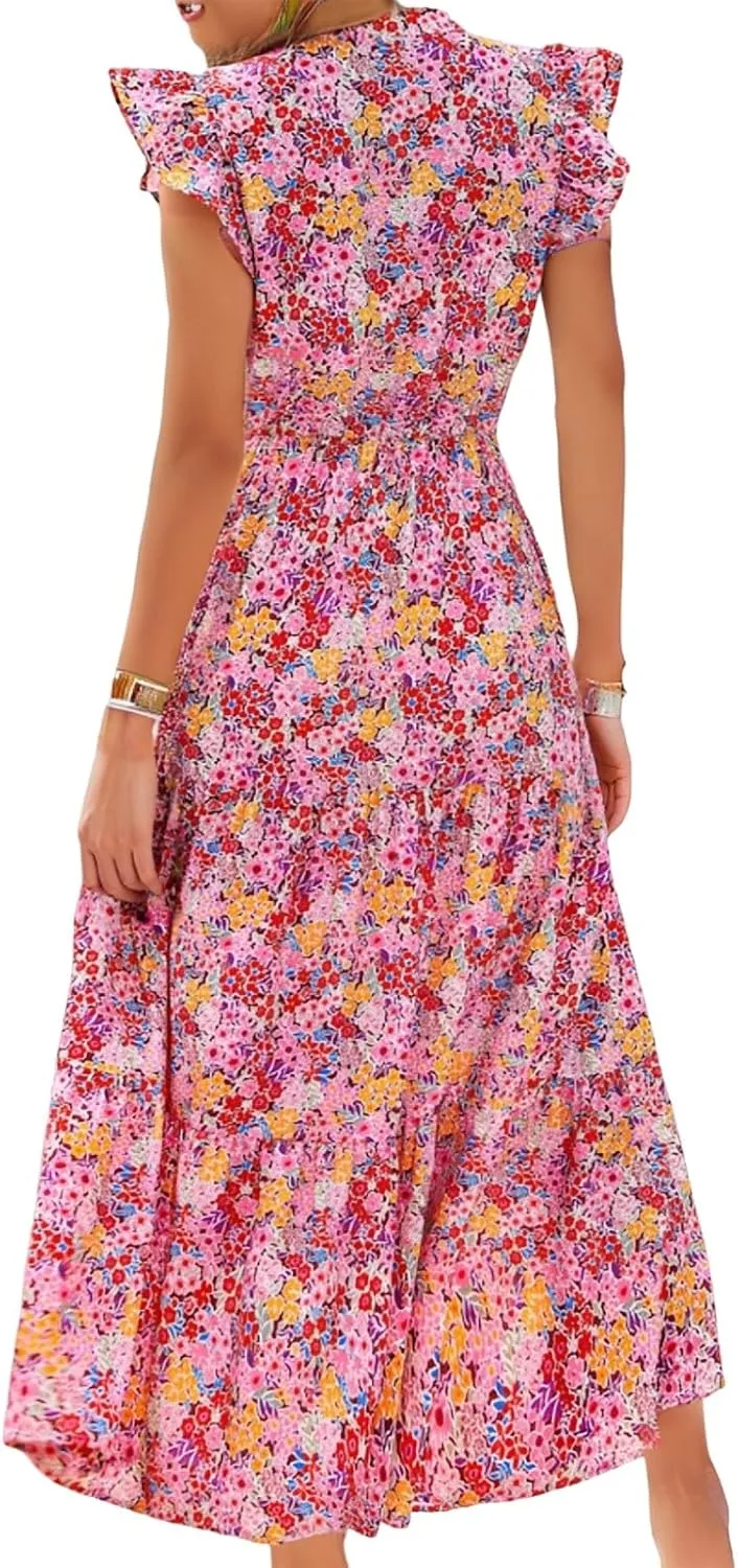 Short Sleeve Birthday Dress Female A-Line Summer Boxy Fit Women Comfortable V Neck Printed Dresses