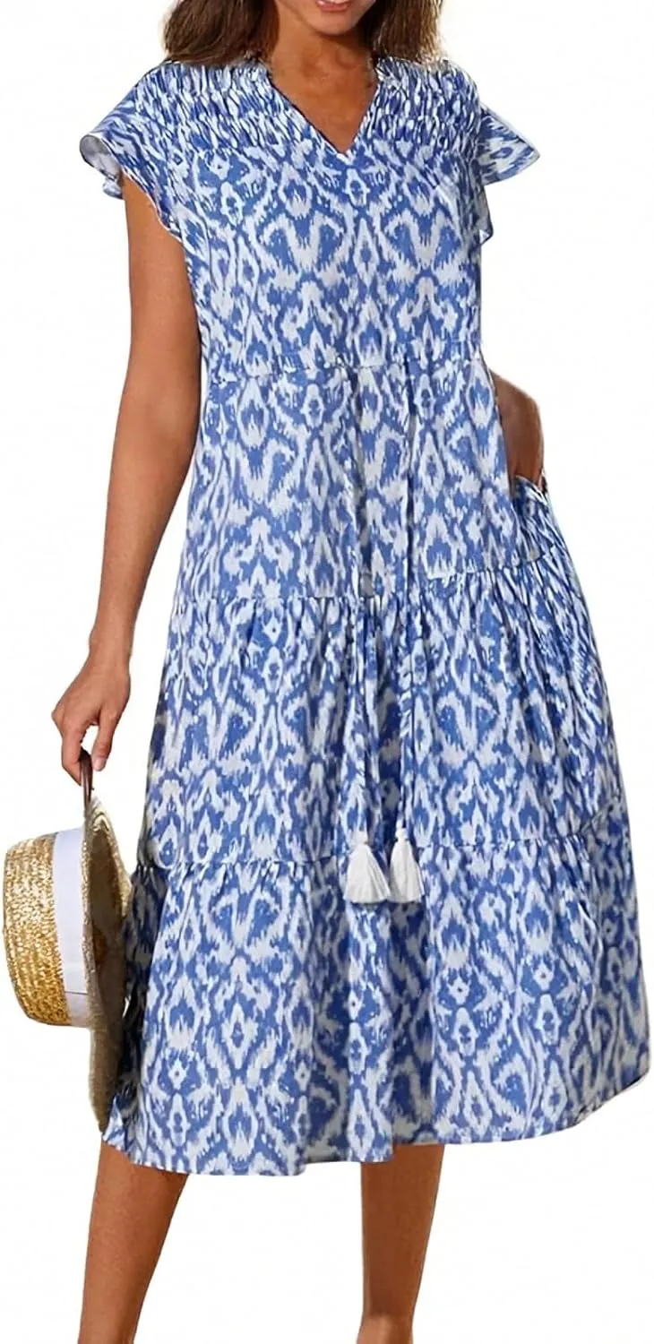 Short Sleeve Birthday Dress Female A-Line Summer Boxy Fit Women Comfortable V Neck Printed Dresses