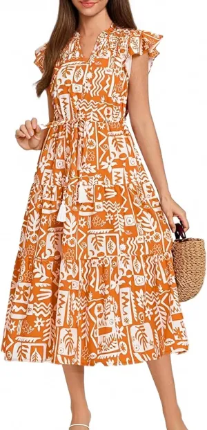 Short Sleeve Birthday Dress Female A-Line Summer Boxy Fit Women Comfortable V Neck Printed Dresses