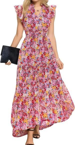 Short Sleeve Birthday Dress Female A-Line Summer Boxy Fit Women Comfortable V Neck Printed Dresses