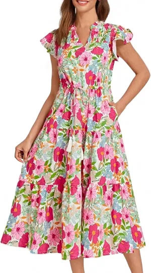 Short Sleeve Birthday Dress Female A-Line Summer Boxy Fit Women Comfortable V Neck Printed Dresses