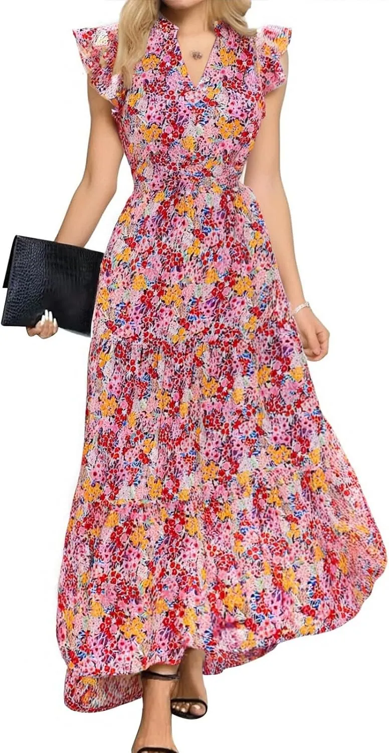 Short Sleeve Birthday Dress Female A-Line Summer Boxy Fit Women Comfortable V Neck Printed Dresses