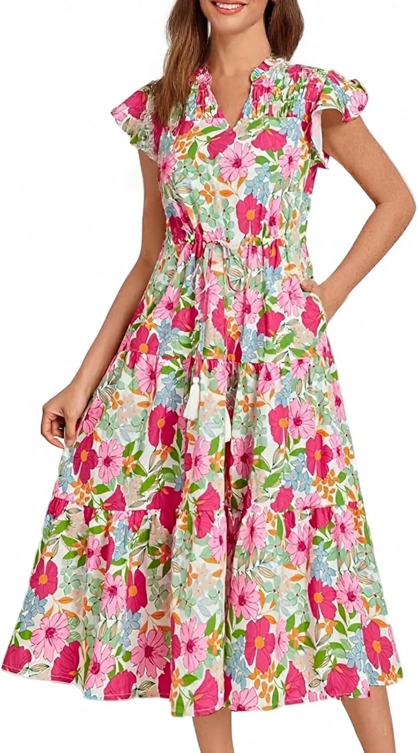 Short Sleeve Birthday Dress Female A-Line Summer Boxy Fit Women Comfortable V Neck Printed Dresses