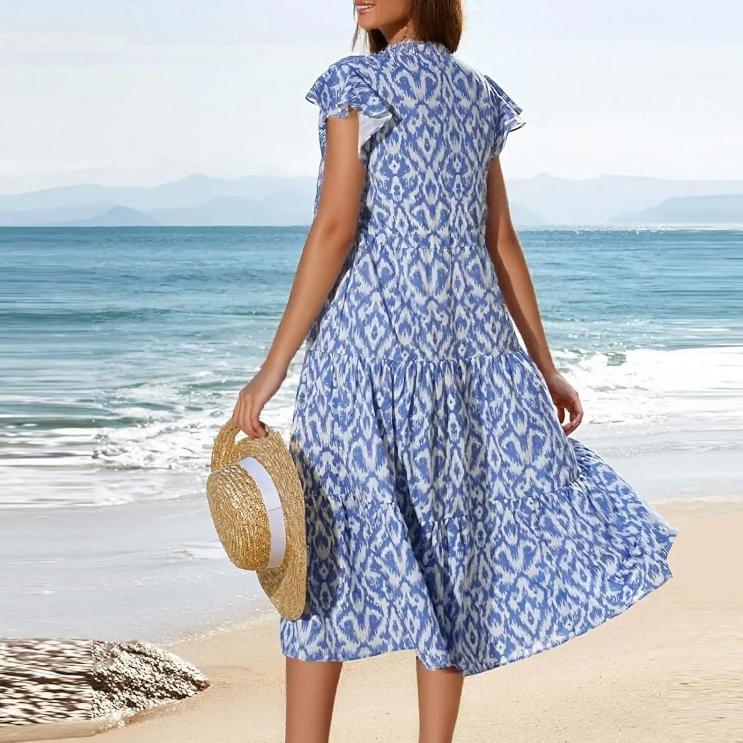 Short Sleeve Birthday Dress Female A-Line Summer Boxy Fit Women Comfortable V Neck Printed Dresses