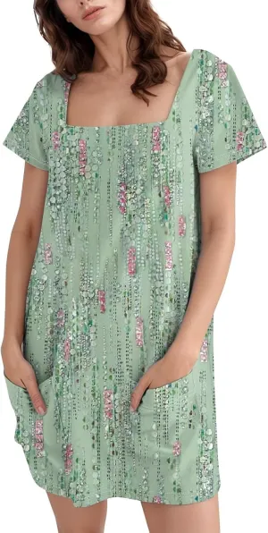 Short Sleeve Dress for Women 2025 Trendy Square Neck Summer Dress Plus Size T Shirt Dress Mini Sundress with Pockets