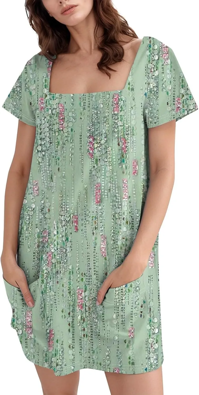 Short Sleeve Dress for Women 2025 Trendy Square Neck Summer Dress Plus Size T Shirt Dress Mini Sundress with Pockets