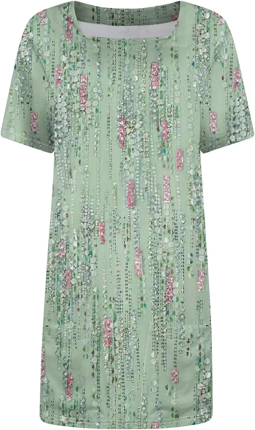 Short Sleeve Dress for Women 2025 Trendy Square Neck Summer Dress Plus Size T Shirt Dress Mini Sundress with Pockets