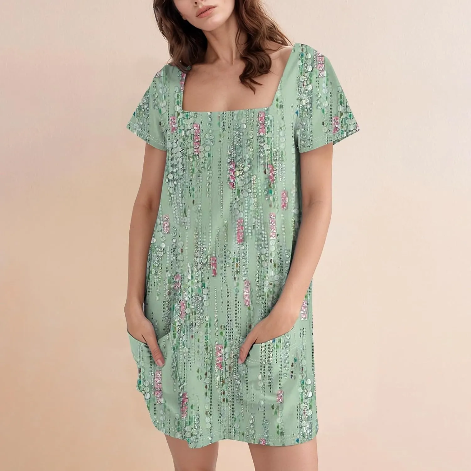 Short Sleeve Dress for Women 2025 Trendy Square Neck Summer Dress Plus Size T Shirt Dress Mini Sundress with Pockets