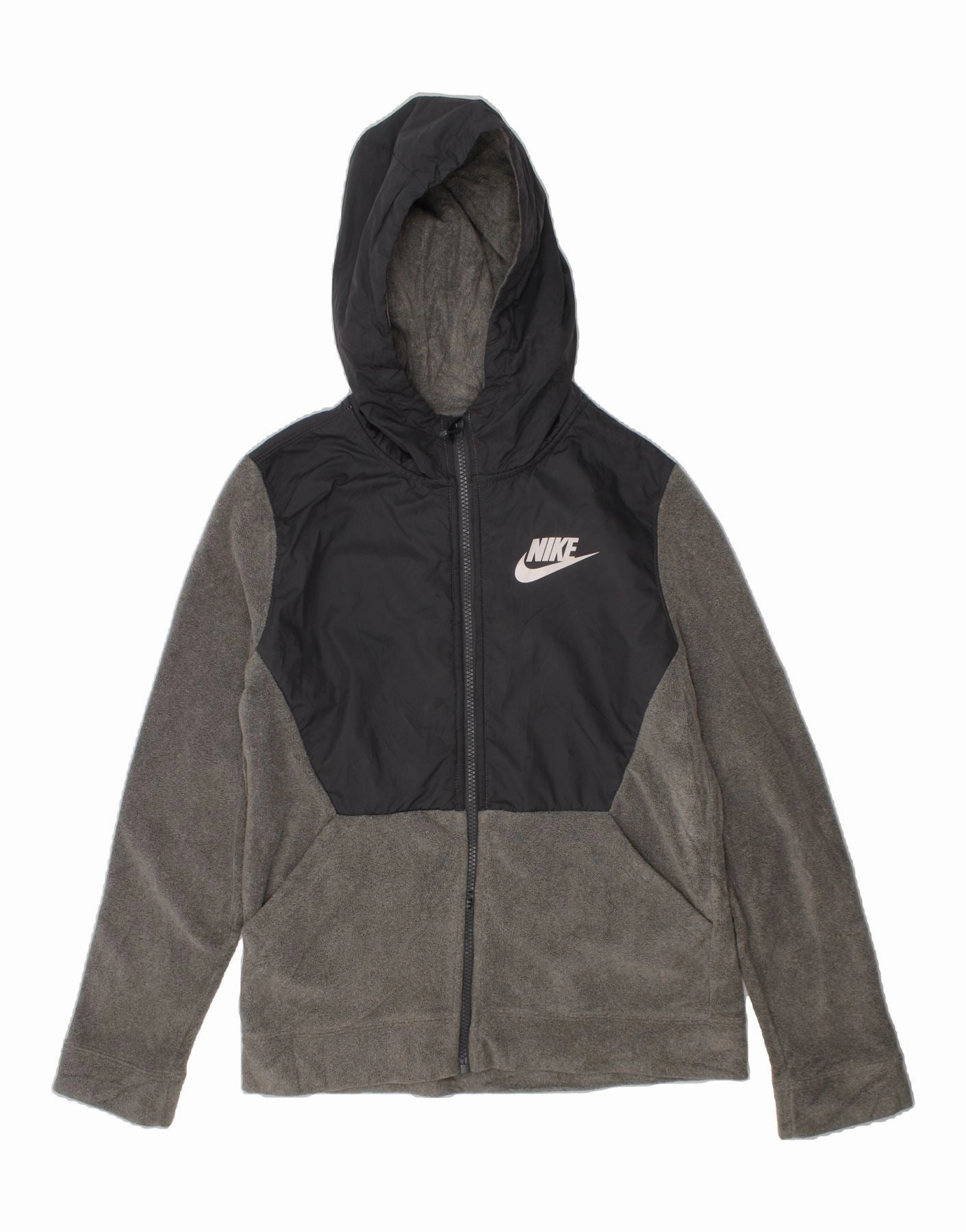 Jungle Zippered Pockets NIKE Boys Hooded Fleece Jacket 12-13 Years Large  Grey Colourblock