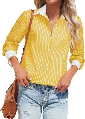 siliteelon Womens Cotton Button Down Shirts Striped Dress Shirts Pinstripes Long Sleeve Collared Blouses Colorblock Tops
