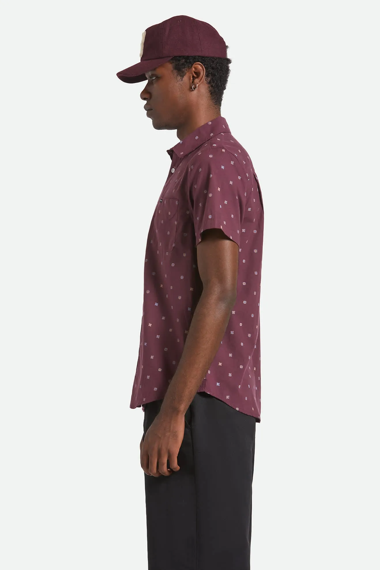 Charter Print S/S Shirt - Port/Micro Geo Layered Sleeve Cuffs V-neck style