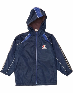 CHAMPION Boys Graphic Hooded Windbreaker Jacket 9-10 Years Navy Blue Mid-layer Popular