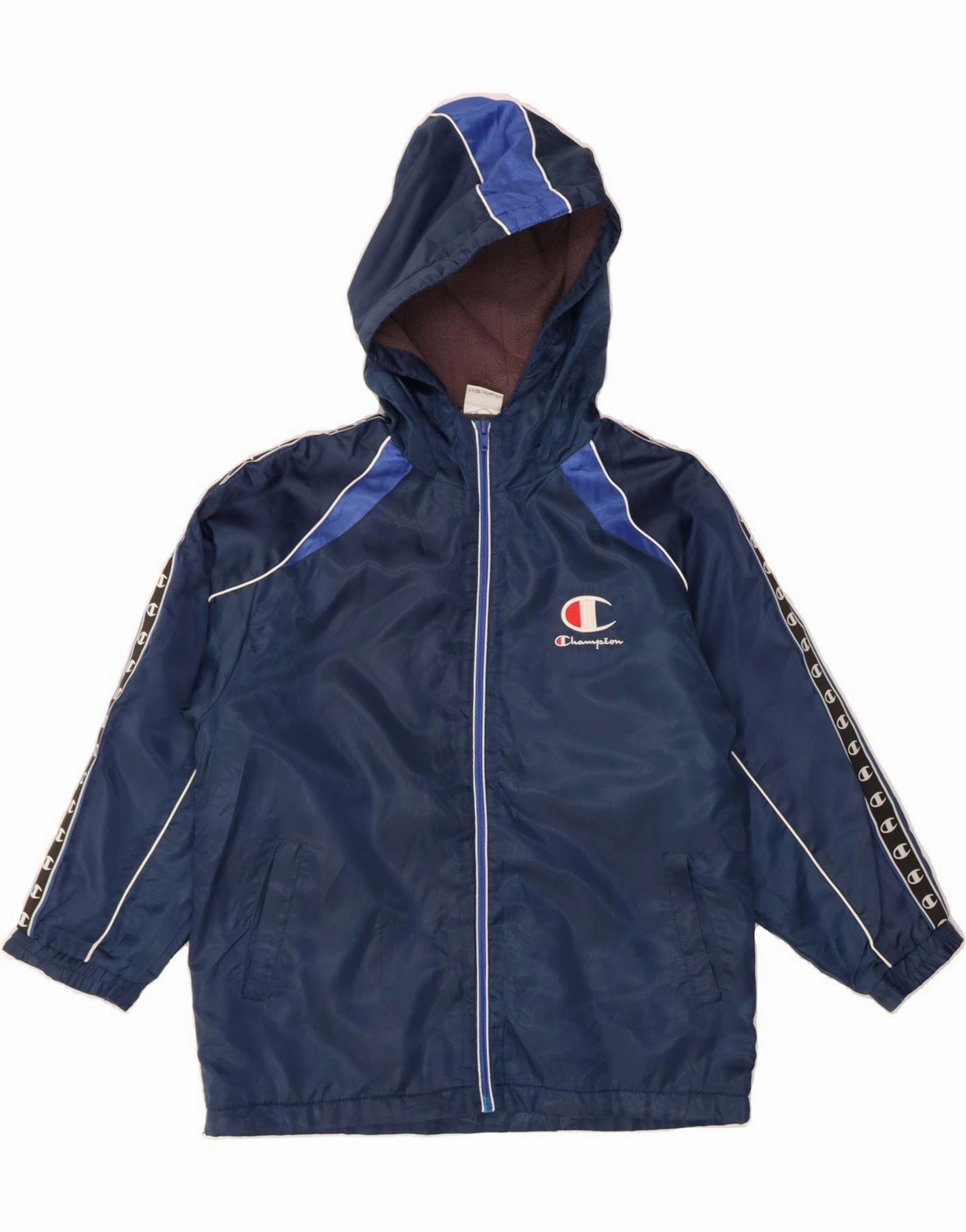 CHAMPION Boys Graphic Hooded Windbreaker Jacket 9-10 Years Navy Blue Mid-layer Popular