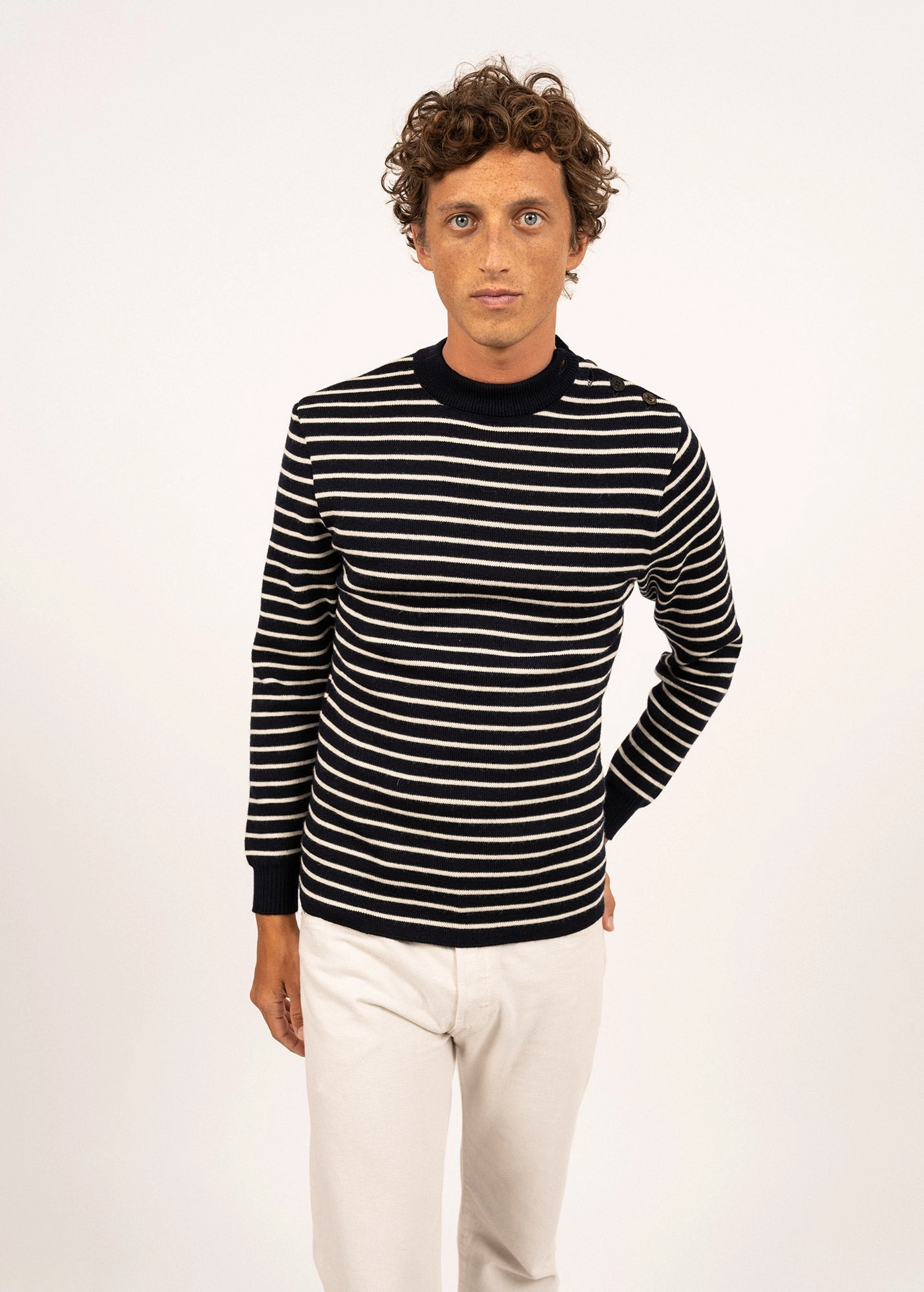 Abrasion Resistant Edging High Twist Yarn Structure MATELOT - Authentic Striped Wool Fisherman Sweater with Button Shoulder |Slim Fit  (NAVY / ECRU)