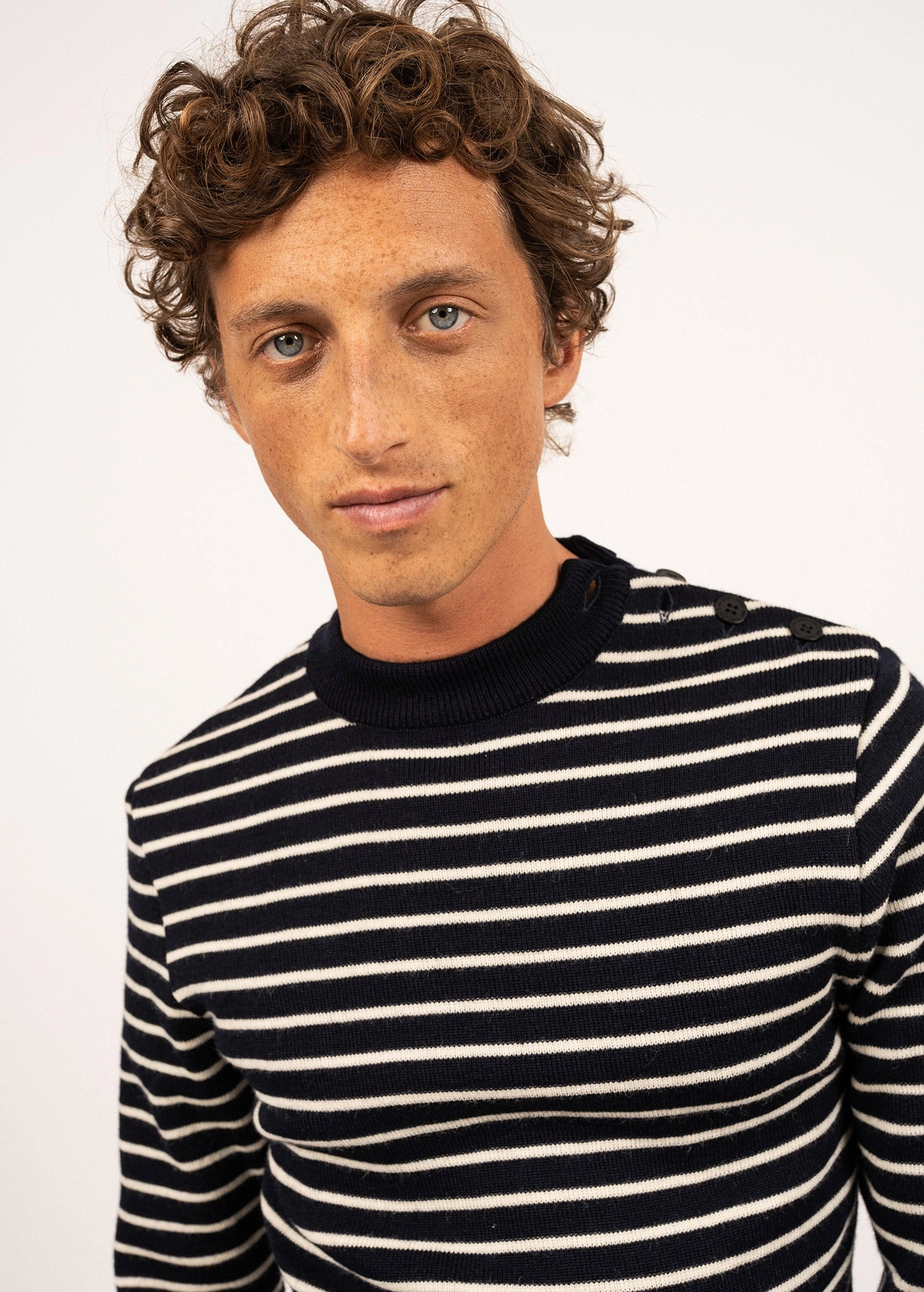 MATELOT - Authentic Striped Wool Fisherman Sweater with Button Shoulder |Slim Fit  (NAVY / ECRU) Soft Warm Layers