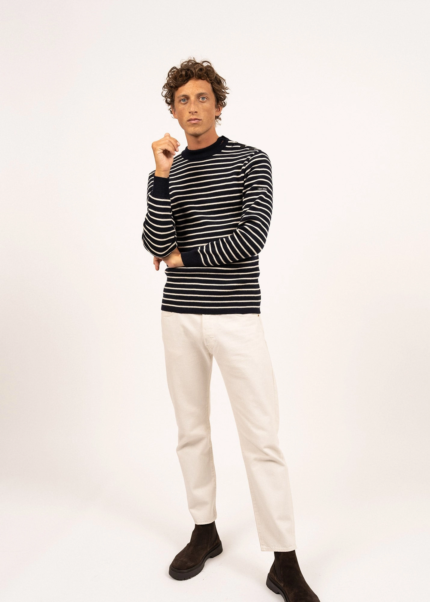 MATELOT - Authentic Striped Wool Fisherman Sweater with Button Shoulder |Slim Fit  (NAVY / ECRU) Flexible Design
