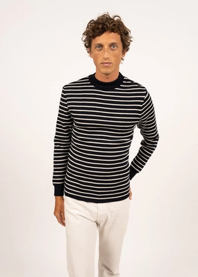Abrasion Resistant Edging High Twist Yarn Structure MATELOT - Authentic Striped Wool Fisherman Sweater with Button Shoulder |Slim Fit  (NAVY / ECRU)