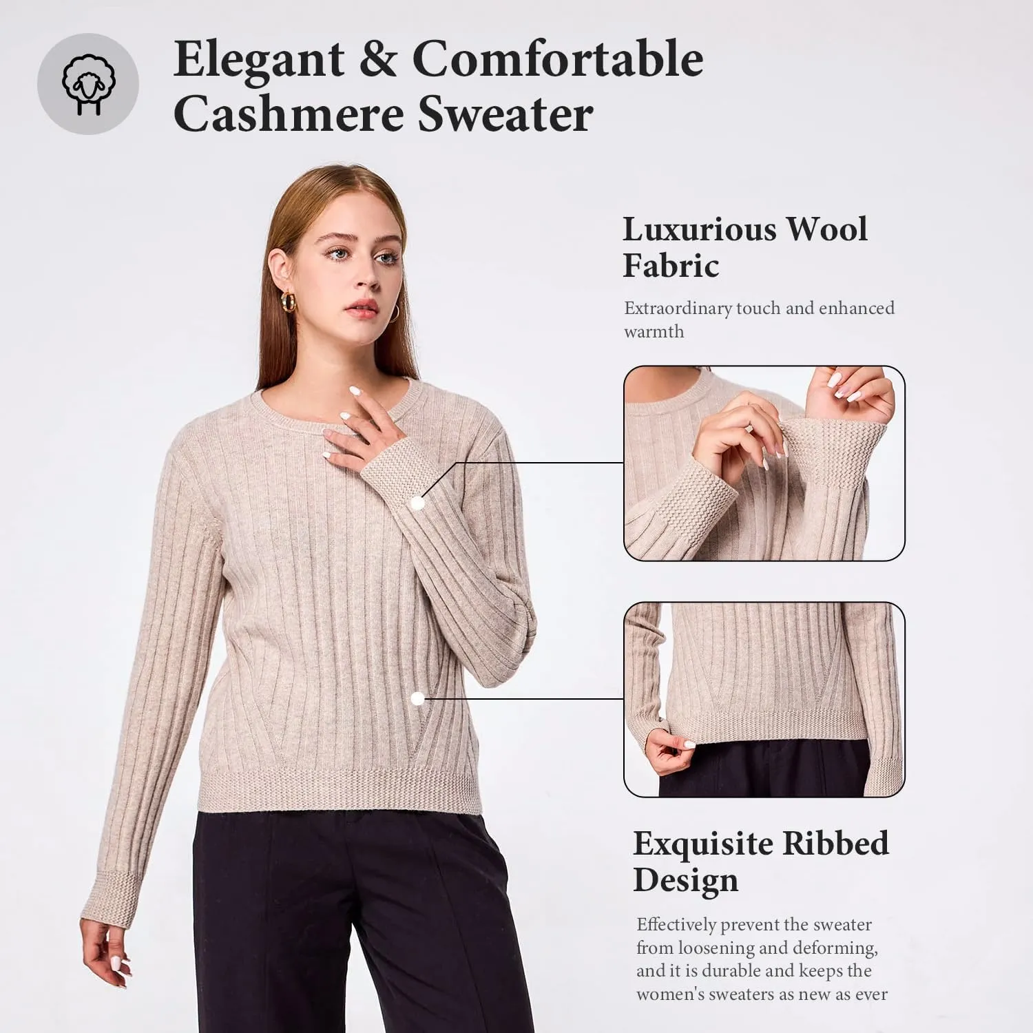 Simple&Opulence Women's Long Sleeve Cashmere Sweaters Cable Knit Crewneck Pullover Sweaters Tops Breathable and Comfortable