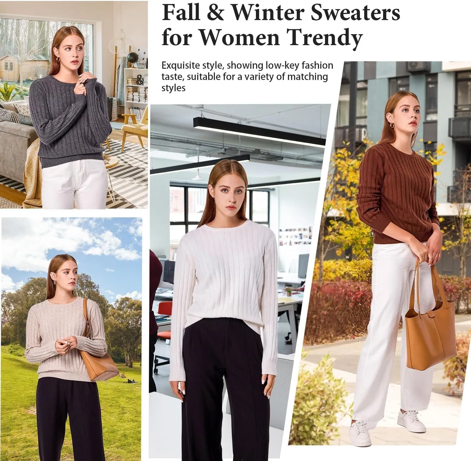 Simple&Opulence Women's Long Sleeve Cashmere Sweaters Cable Knit Crewneck Pullover Sweaters Tops Breathable and Comfortable
