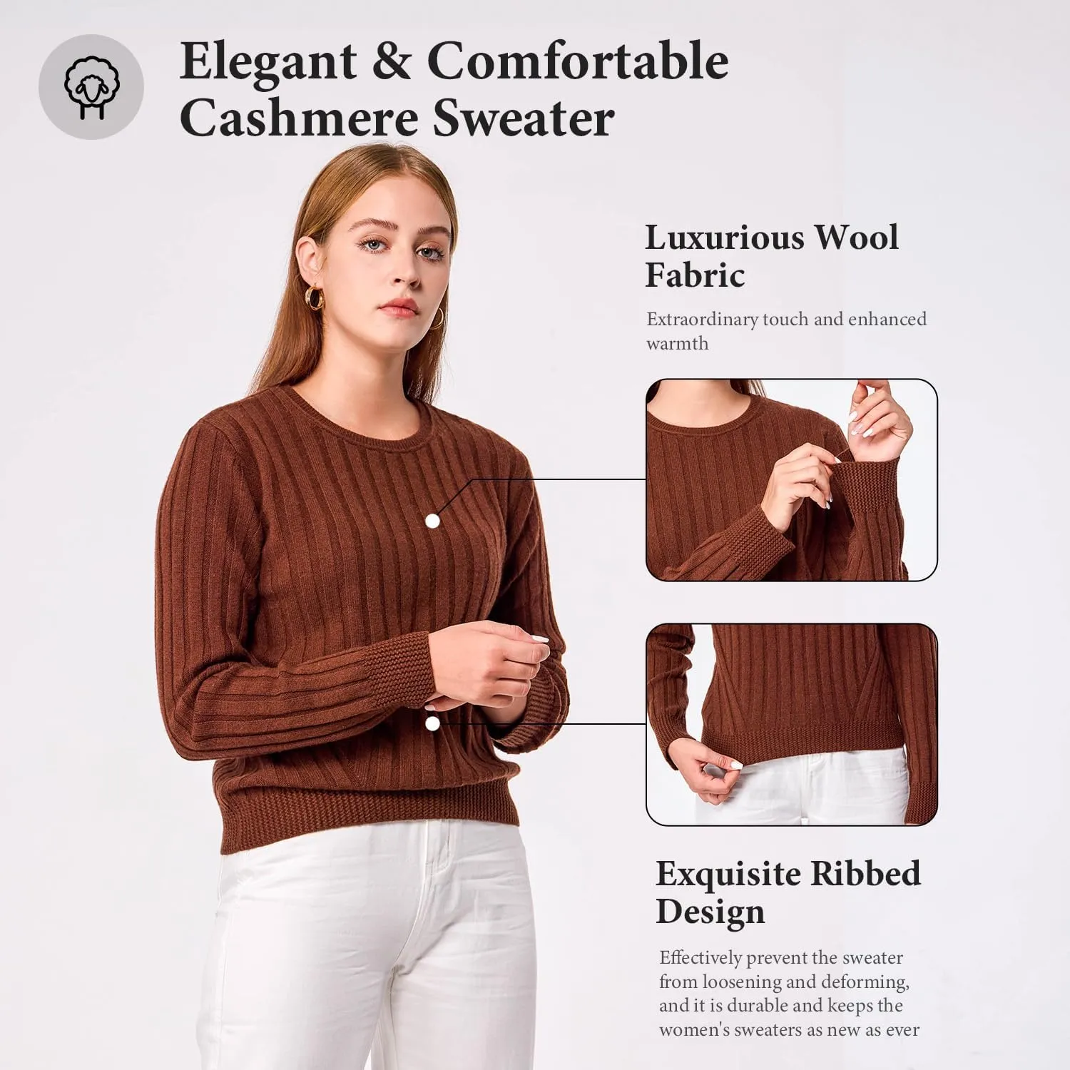 Simple&Opulence Women's Long Sleeve Cashmere Sweaters Cable Knit Crewneck Pullover Sweaters Tops Breathable and Comfortable