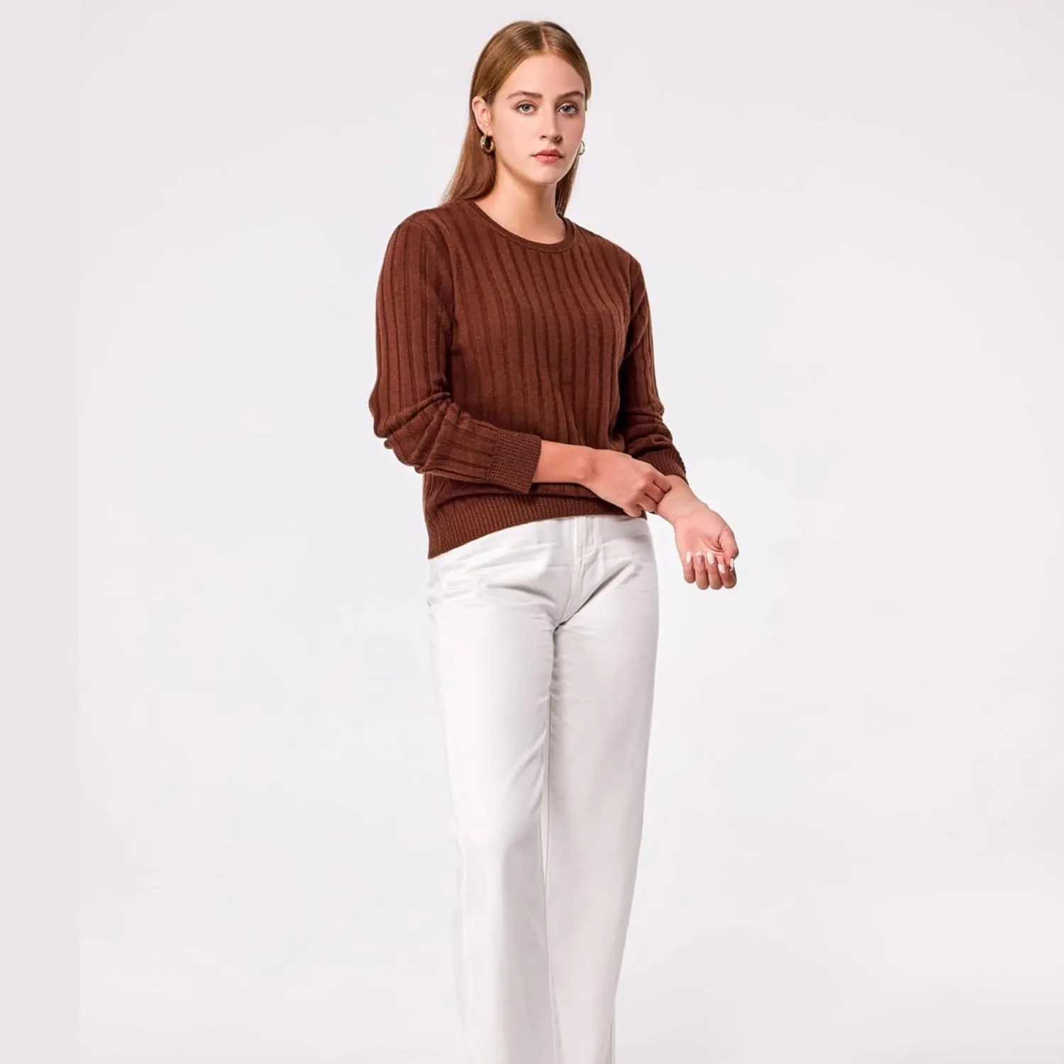 Simple&Opulence Women's Long Sleeve Cashmere Sweaters Cable Knit Crewneck Pullover Sweaters Tops Breathable and Comfortable