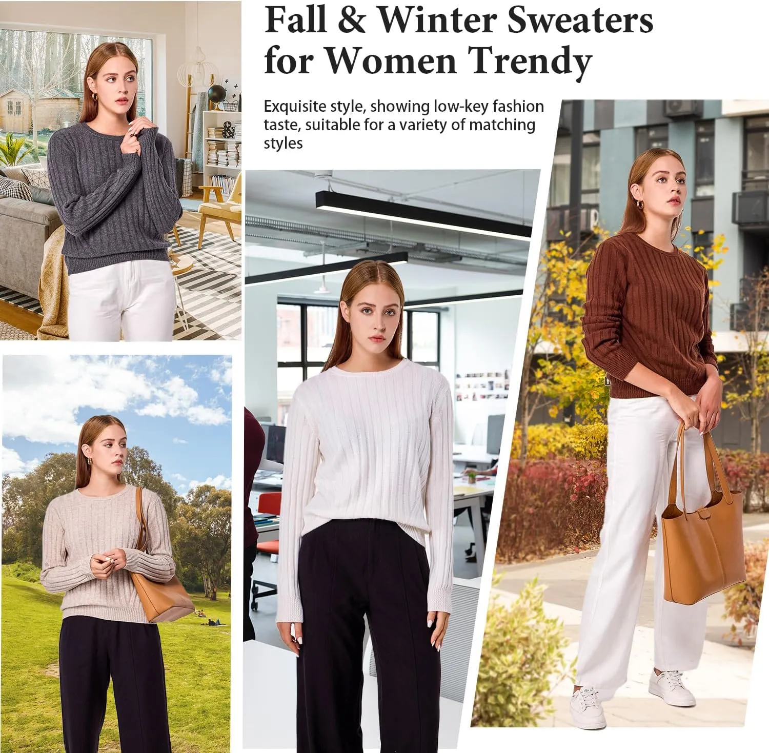 Simple&Opulence Women's Long Sleeve Cashmere Sweaters Cable Knit Crewneck Pullover Sweaters Tops Breathable and Comfortable