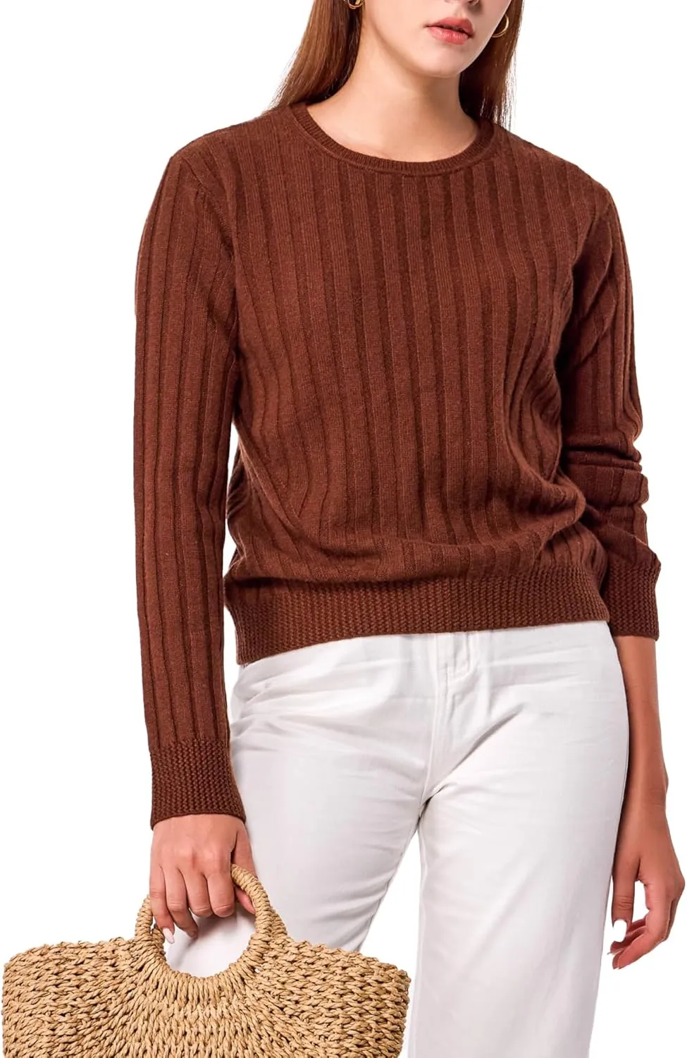 Simple&Opulence Women's Long Sleeve Cashmere Sweaters Cable Knit Crewneck Pullover Sweaters Tops Breathable and Comfortable