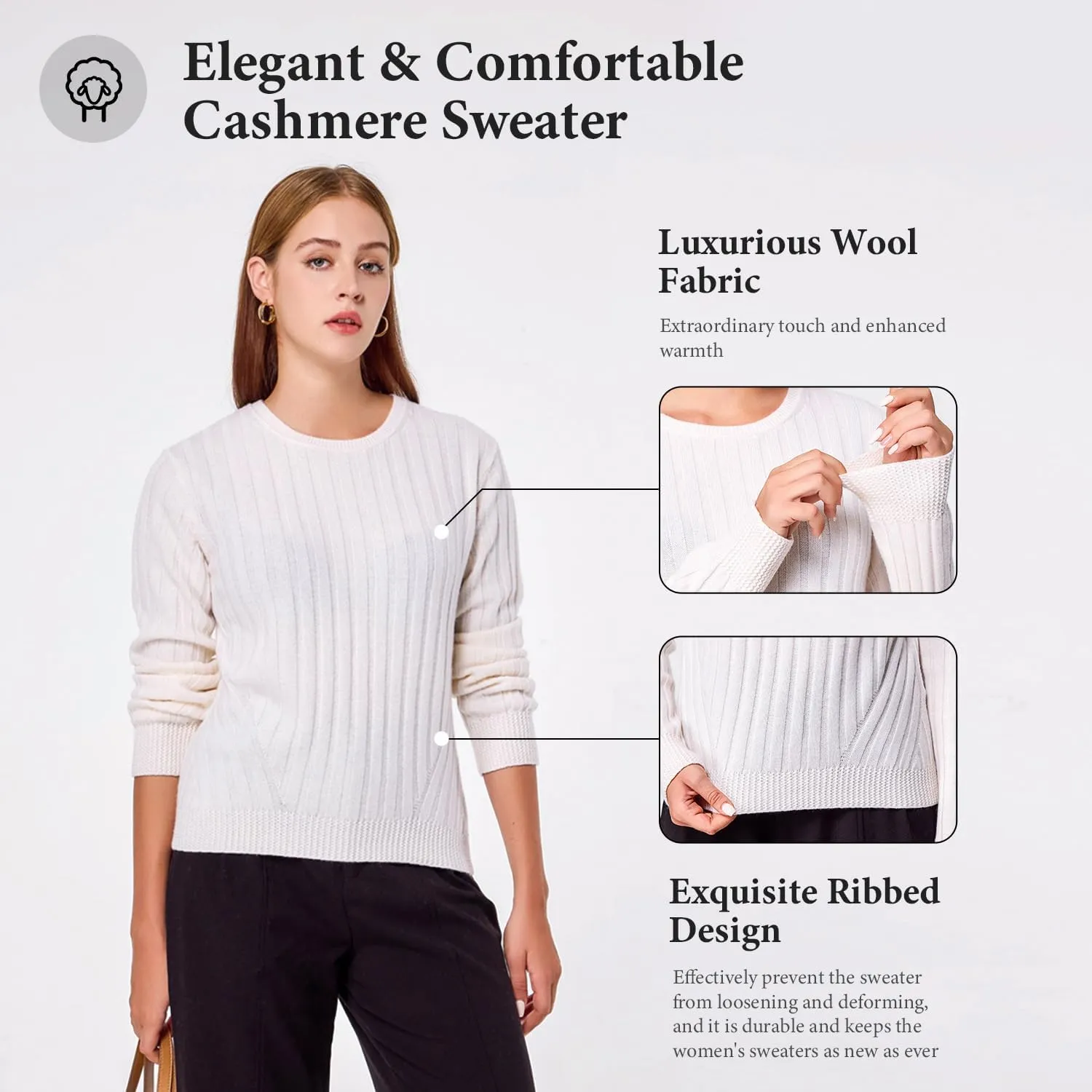 Simple&Opulence Women's Long Sleeve Cashmere Sweaters Cable Knit Crewneck Pullover Sweaters Tops Breathable and Comfortable