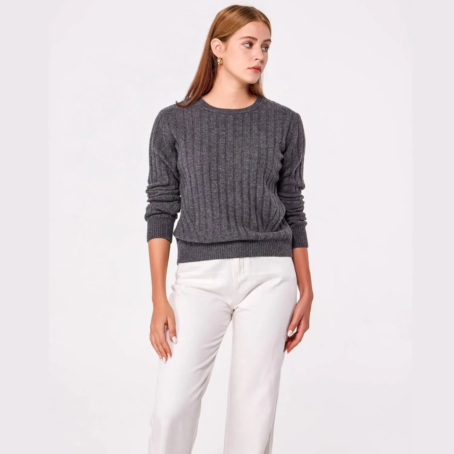 Simple&Opulence Women's Long Sleeve Cashmere Sweaters Cable Knit Crewneck Pullover Sweaters Tops Breathable and Comfortable