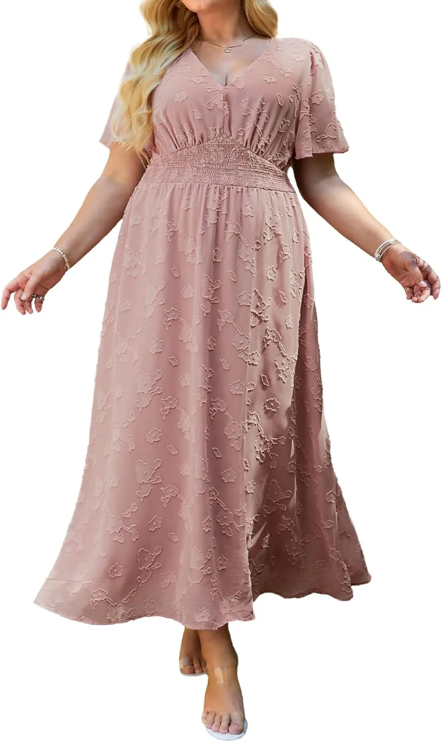 Simplee Women's Boho Floral Maxi Dress Flowy Casual V Neck Short Sleeve Wedding Guest Holiday Beach Long Dress