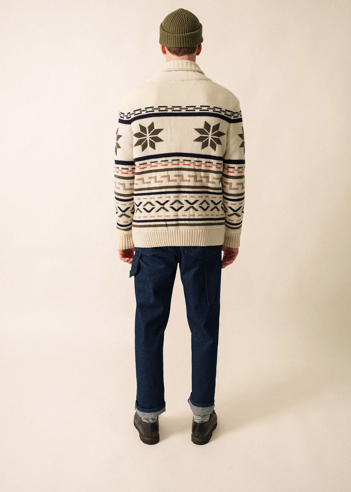 SION - Wool Shawl Collar Jacquard Cardigan (ECRU / MULTICO) Fashionable Look