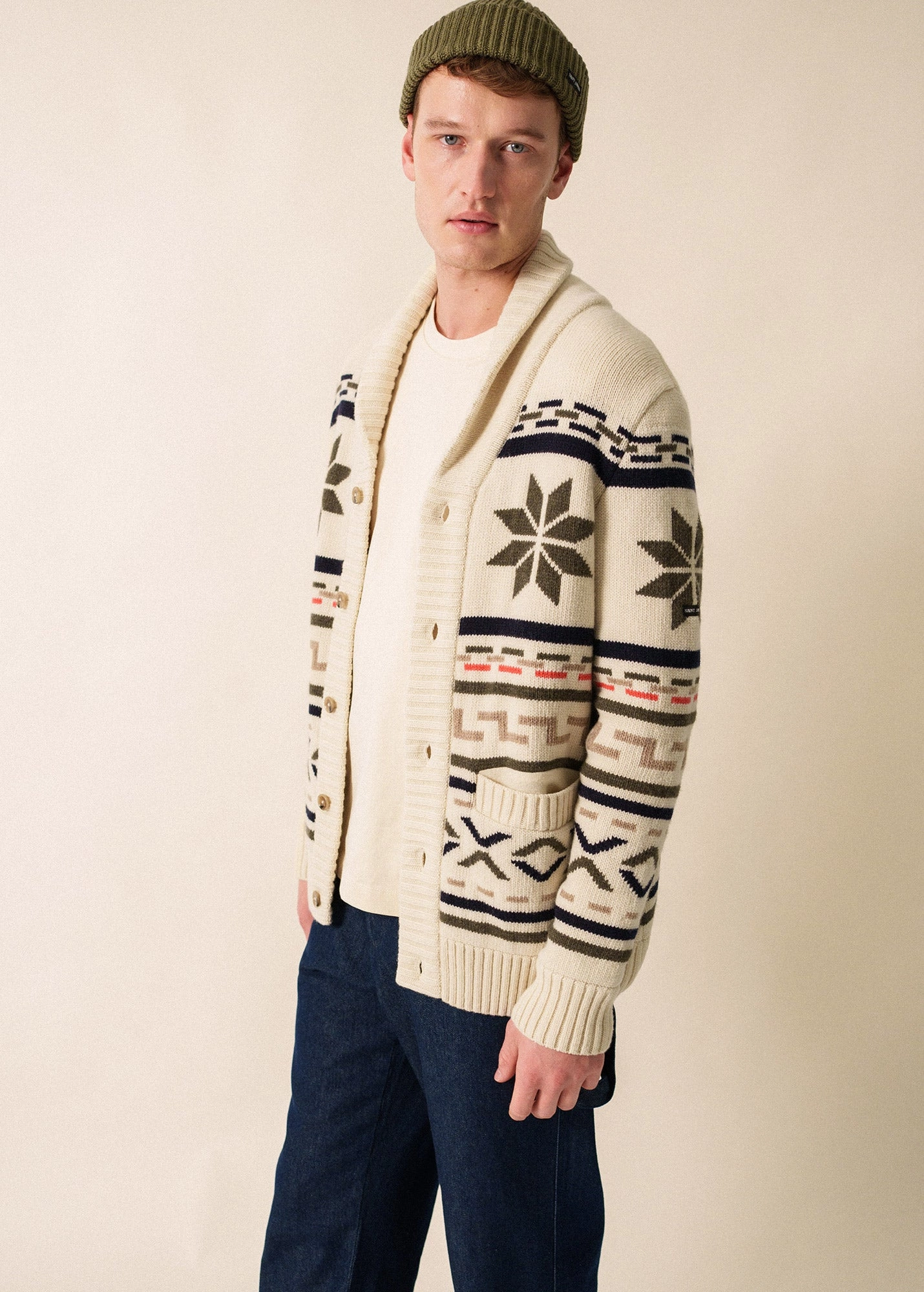 SION - Wool Shawl Collar Jacquard Cardigan (ECRU / MULTICO) Ethical Production Knitwear Sustainable Yarn