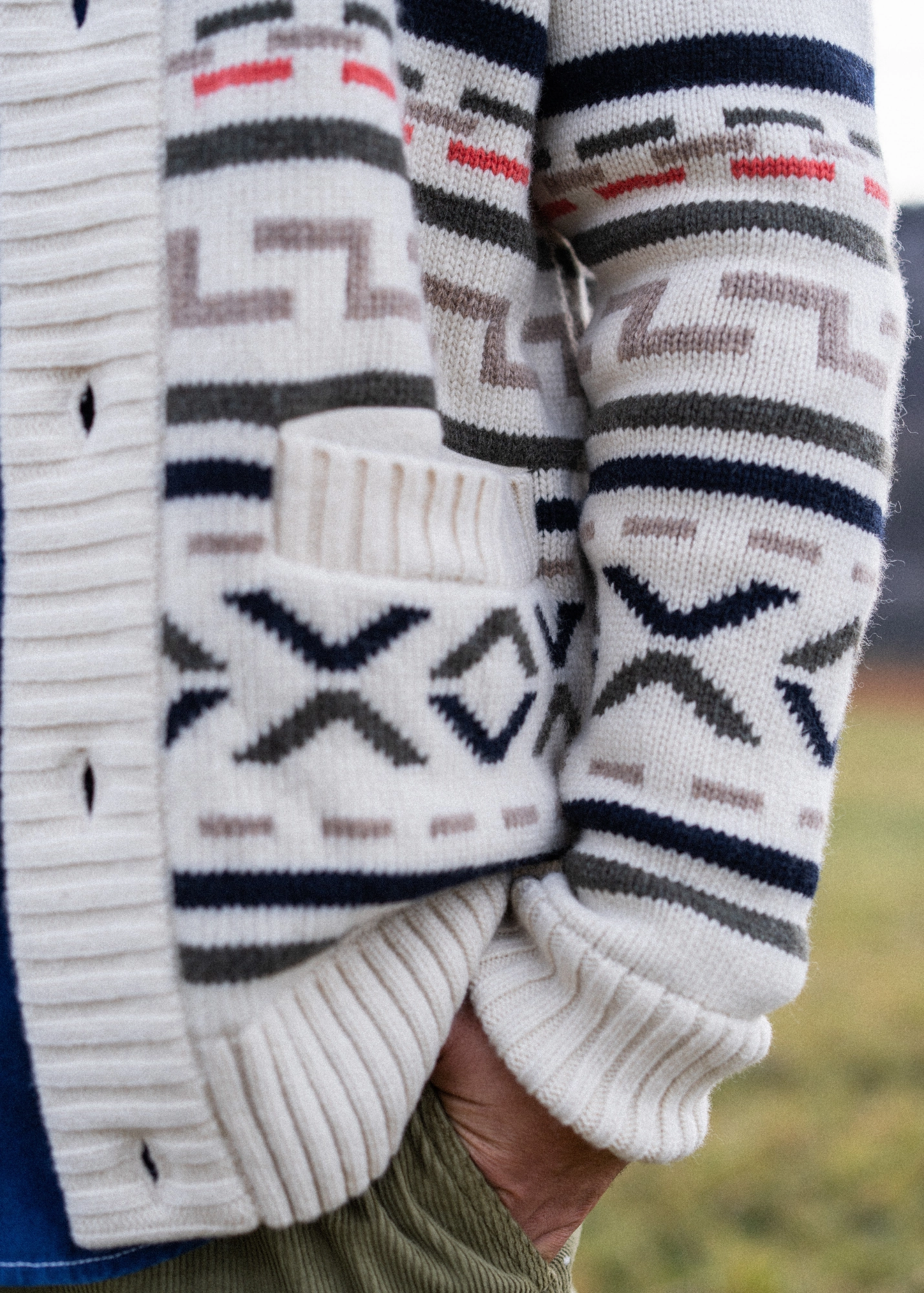 Relaxed Neckline SION - Wool Shawl Collar Jacquard Cardigan (ECRU / MULTICO)