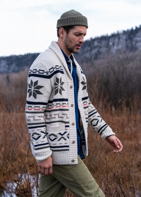 SION - Wool Shawl Collar Jacquard Cardigan (ECRU / MULTICO) Knitted Fashion