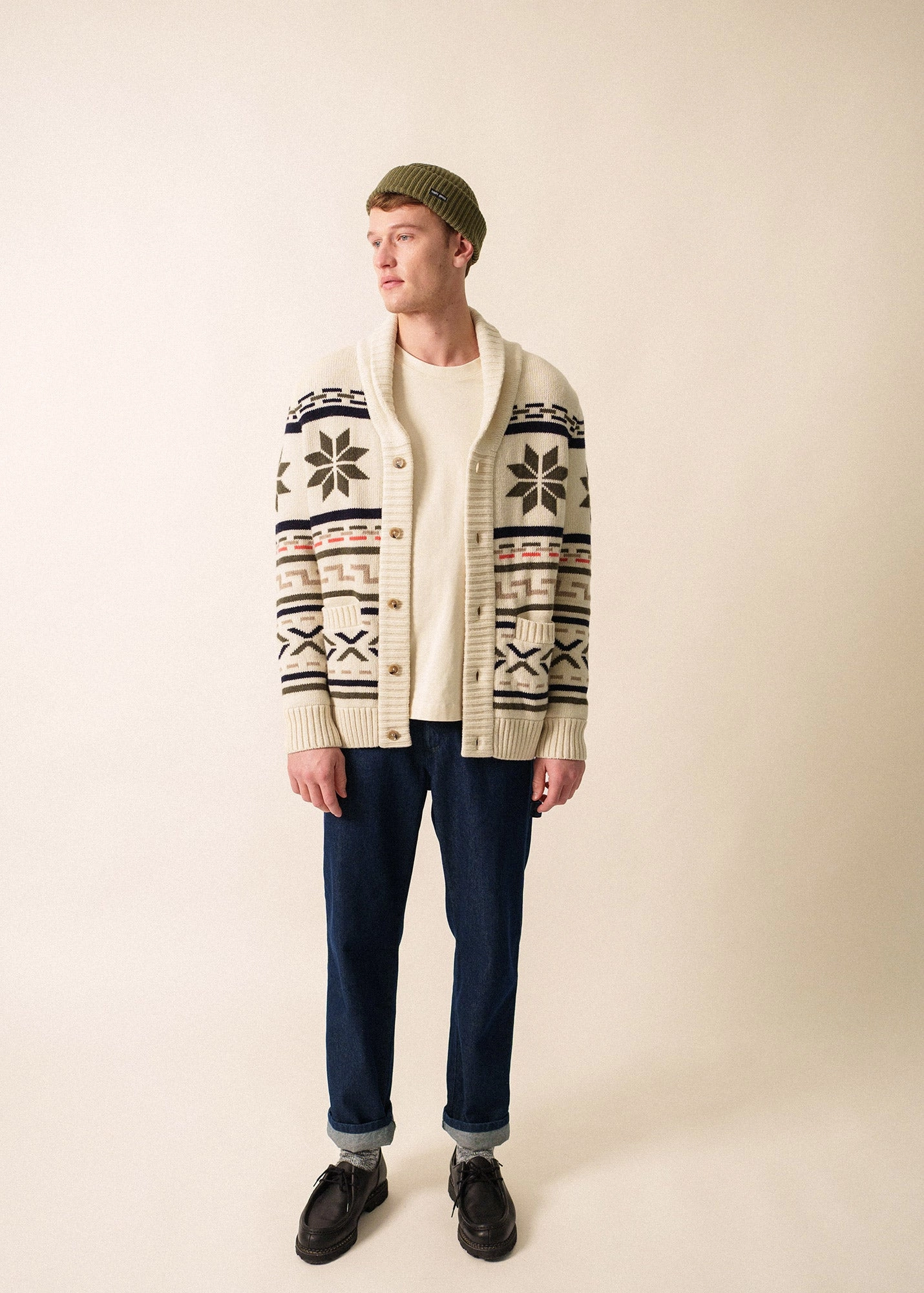Comfy Knit SION - Wool Shawl Collar Jacquard Cardigan (ECRU / MULTICO)