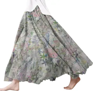 Skirts for Women Trendy Summer Fall Retro Floral Art Linen Elastic High Waist Tiered Long Maxi Skirt with Pockets