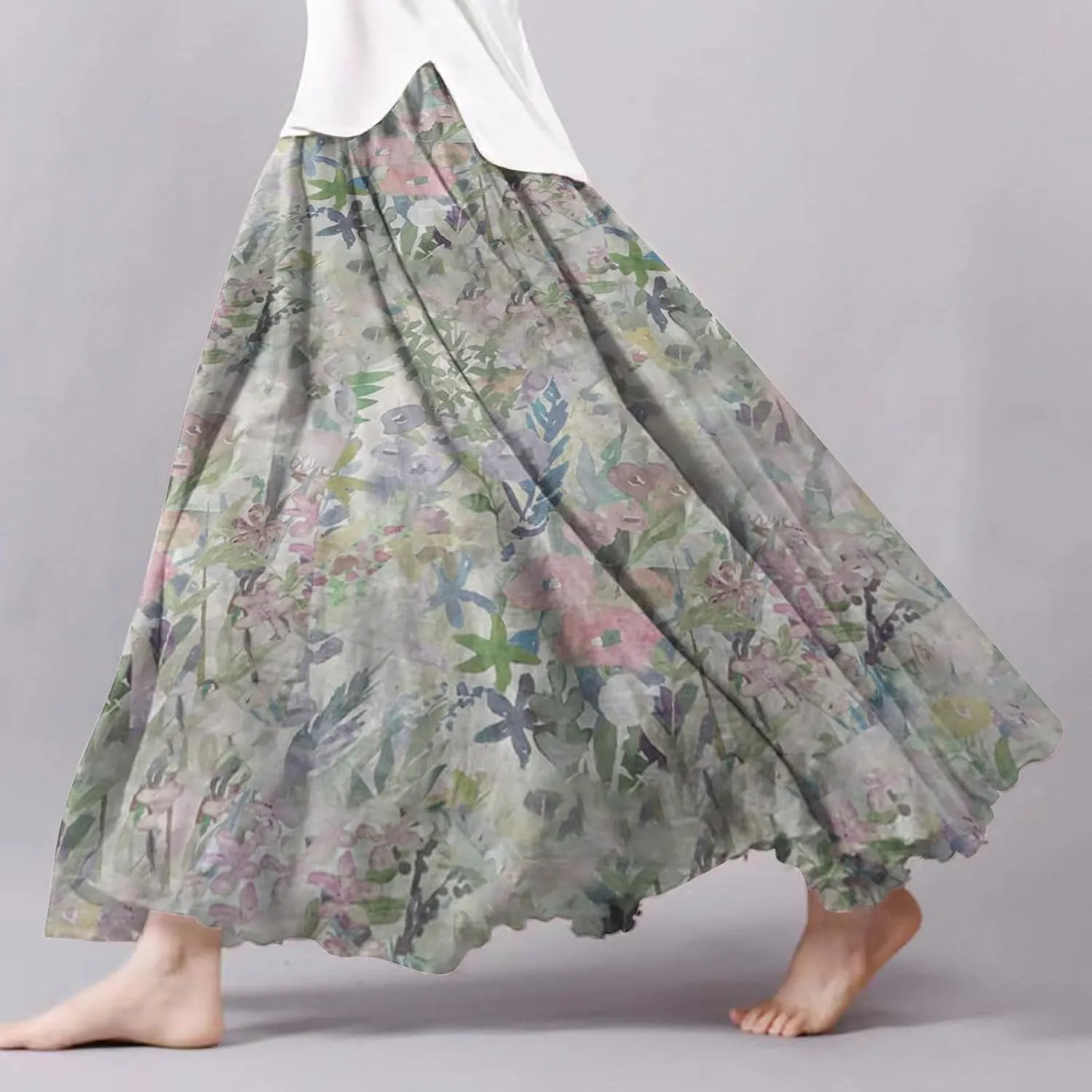 Skirts for Women Trendy Summer Fall Retro Floral Art Linen Elastic High Waist Tiered Long Maxi Skirt with Pockets