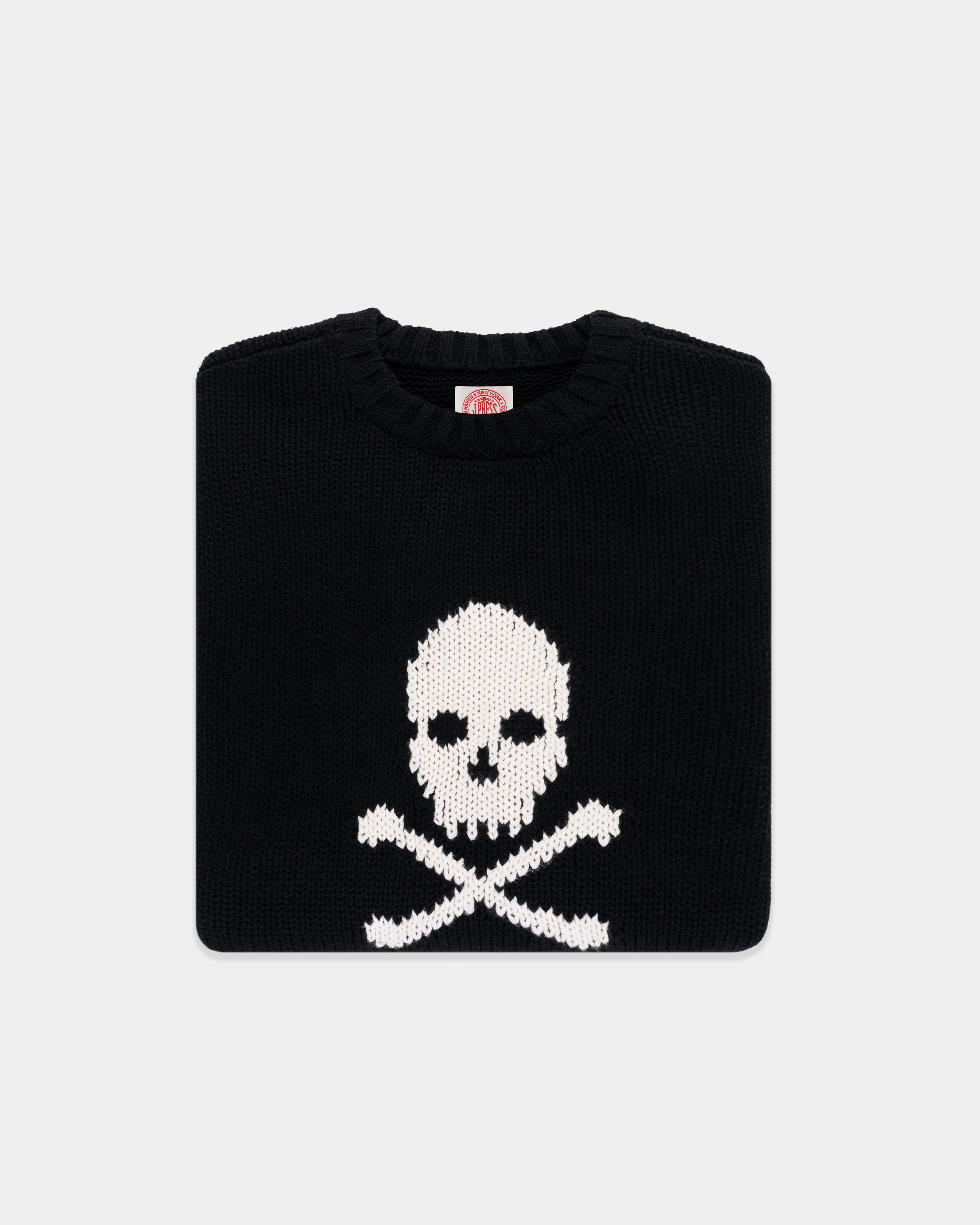 Layered Wearable Skull & Bones Intarsia Knit Cotton Sweater