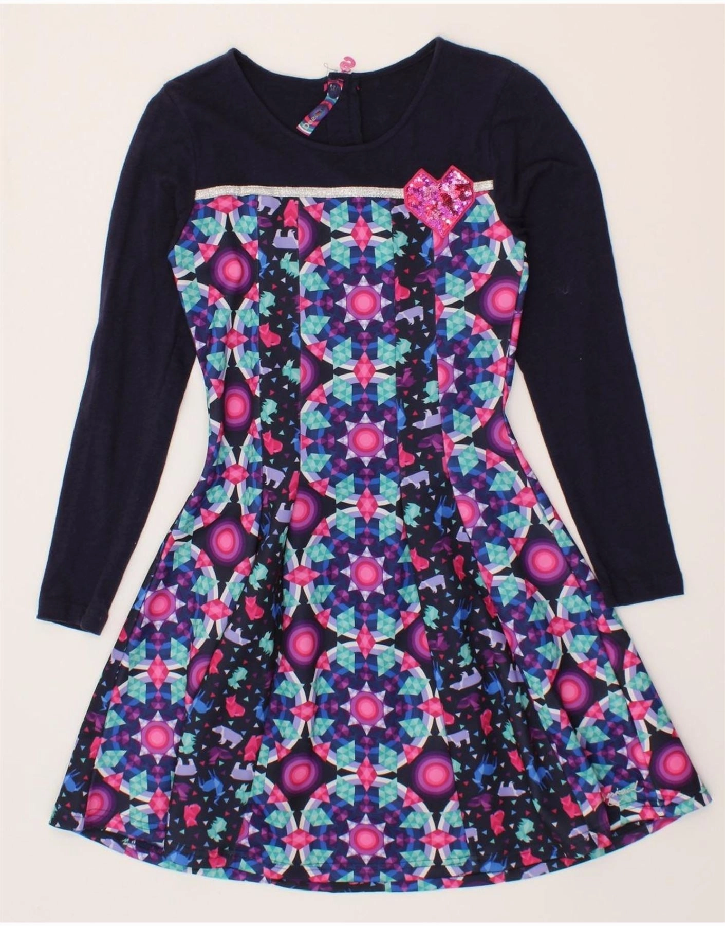 Slimming Shape DESIGUAL Girls Long Sleeve A-Line Dress 13-14 Years  Navy Blue Geometric