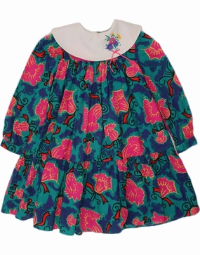 VINTAGE Girls Long Sleeve Tiered Dress 9-10 Years Green Floral Trendy pick Unisex Option