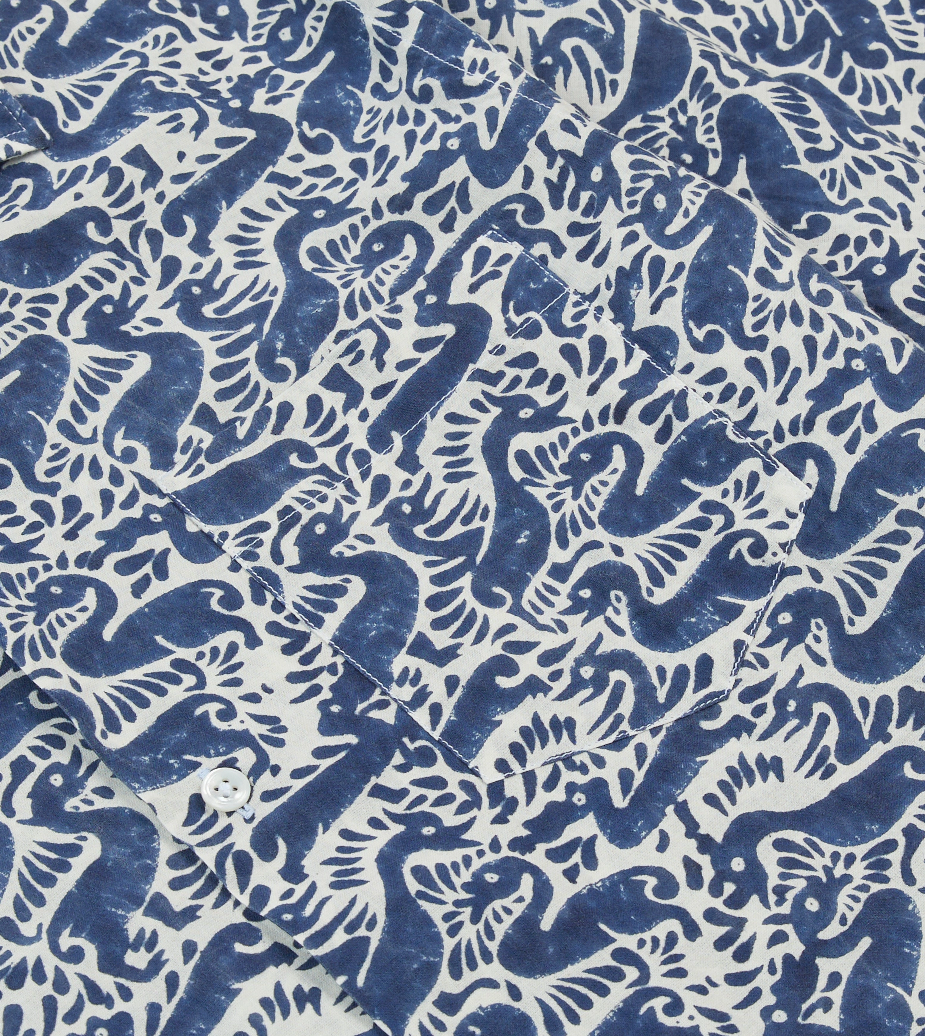 Navy Duck Block Print Cotton Camp Collar Short Sleeve Shirt Conference Appropriate