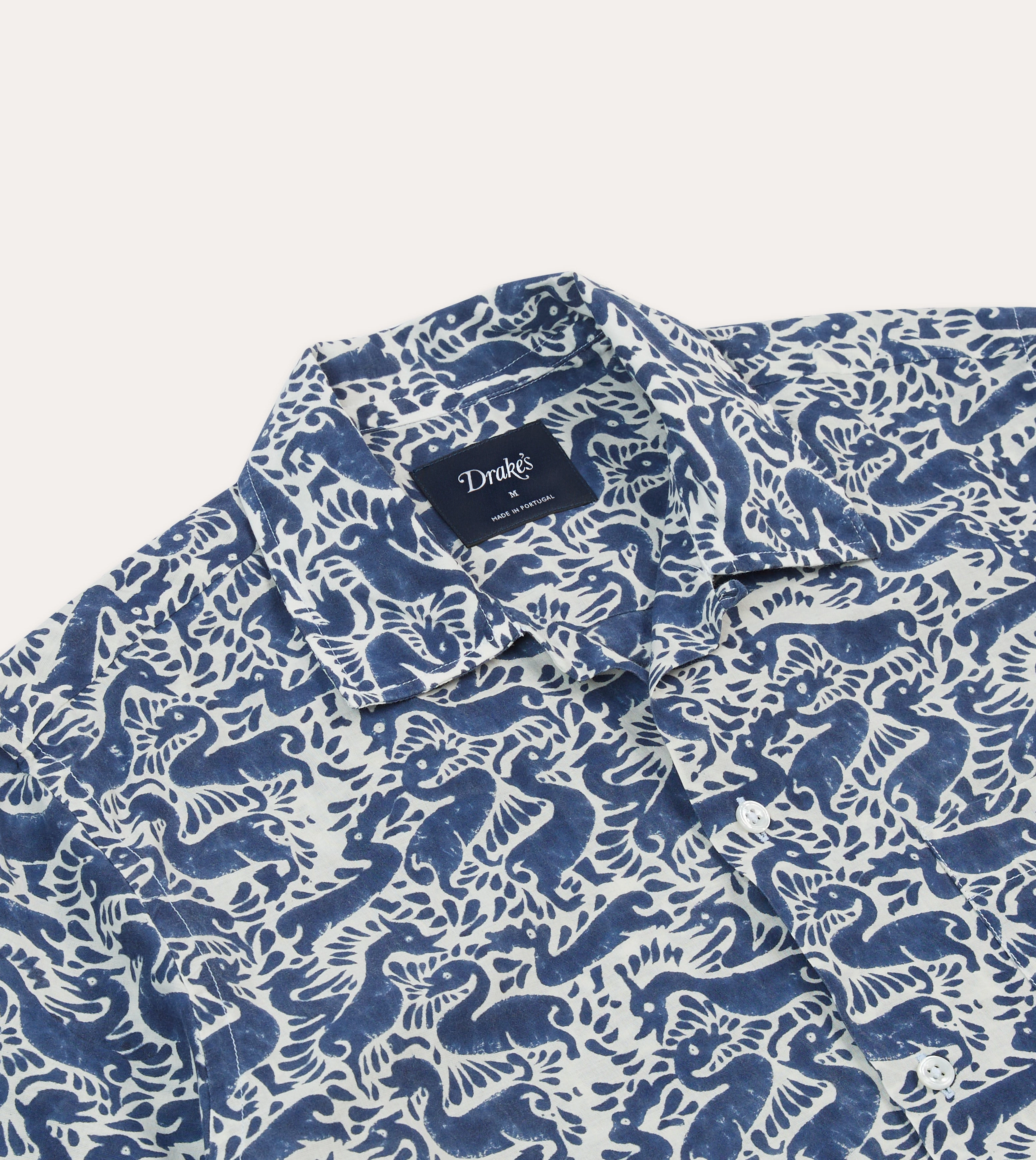 Navy Duck Block Print Cotton Camp Collar Short Sleeve Shirt Pocket Detail Ergonomic Sleeve Cut