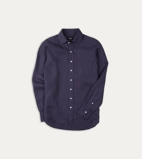Washed Navy Linen Spread Collar Shirt Temperature Regulating Cooling Core Technology