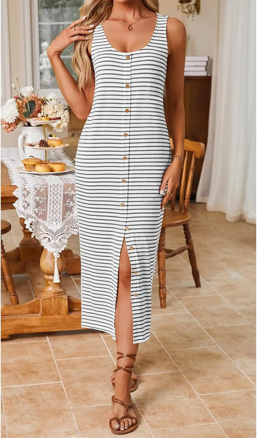 Sleeveless Midi Dresses for Women Striped T Shirt Dress Decorative Botton Sleeveless Ribbed Knit Bodycon Sundresses