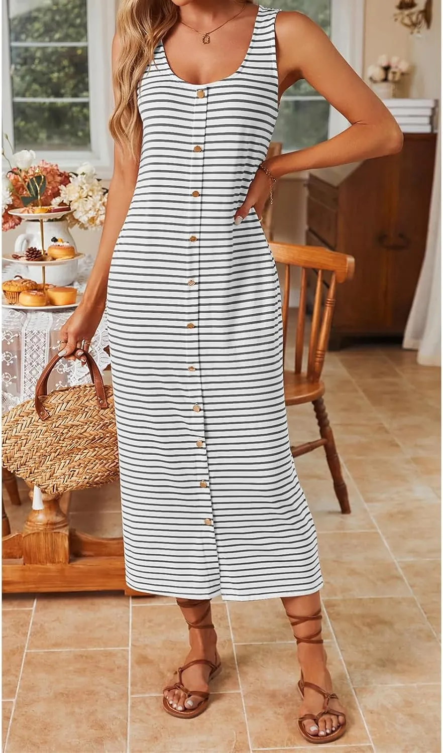Sleeveless Midi Dresses for Women Striped T Shirt Dress Decorative Botton Sleeveless Ribbed Knit Bodycon Sundresses