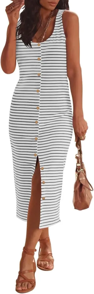 Sleeveless Midi Dresses for Women Striped T Shirt Dress Decorative Botton Sleeveless Ribbed Knit Bodycon Sundresses