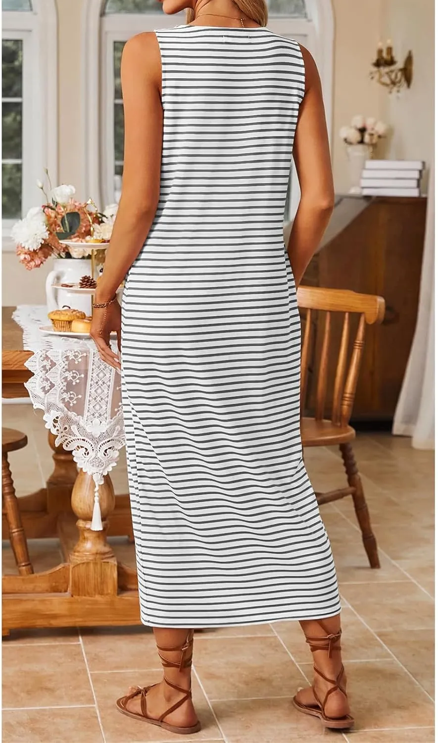Sleeveless Midi Dresses for Women Striped T Shirt Dress Decorative Botton Sleeveless Ribbed Knit Bodycon Sundresses