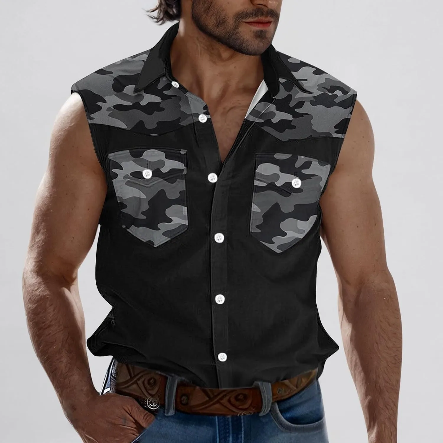 Sleeveless Tops for Man Winter Fall High Neck Denim Medieval Western Cardigan Tops Blouses Shirts Mens 2025