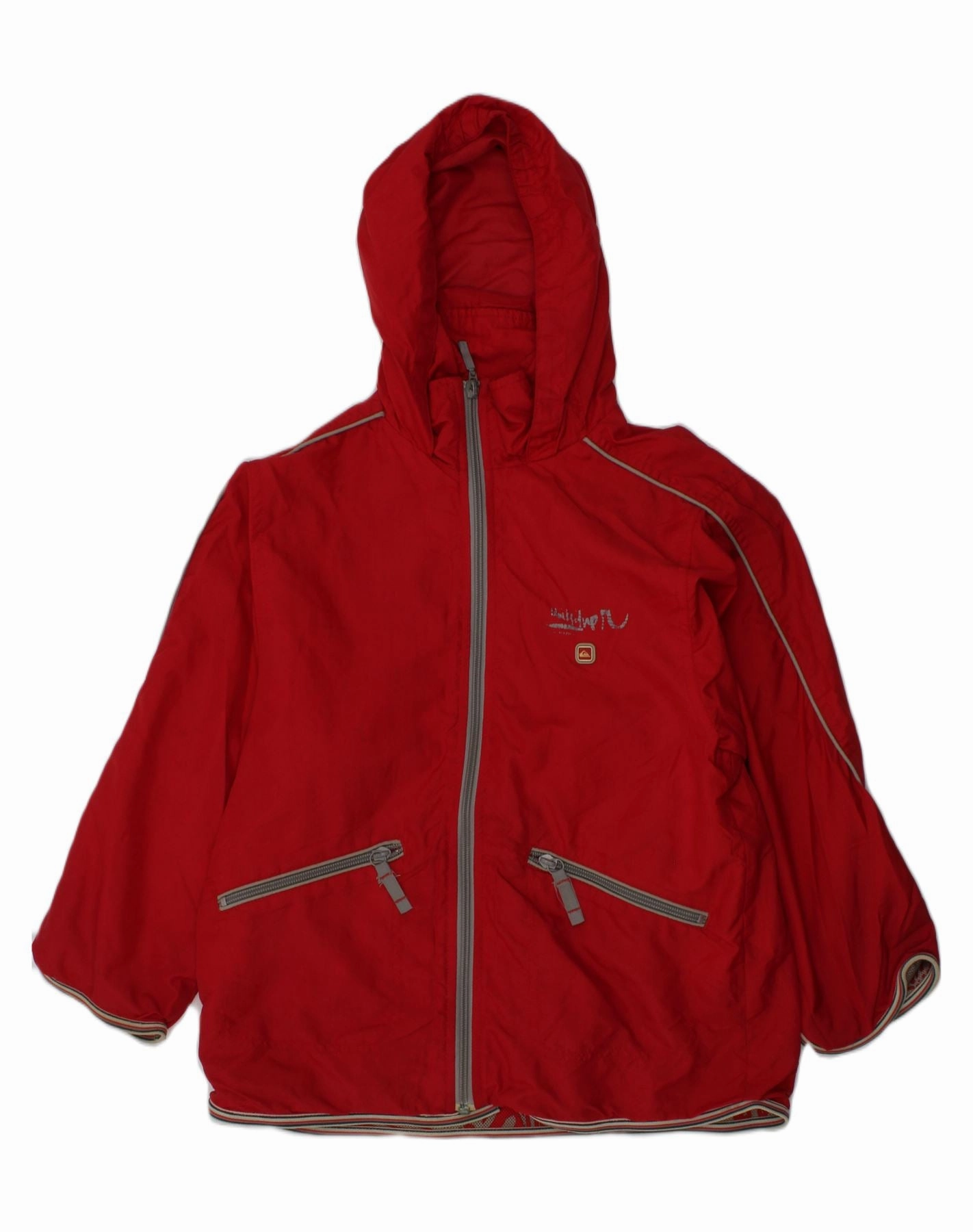 QUIKSILVER Boys Graphic Hooded Rain Jacket 7-8 Years Red Polyester Weather Gear Cool Climate