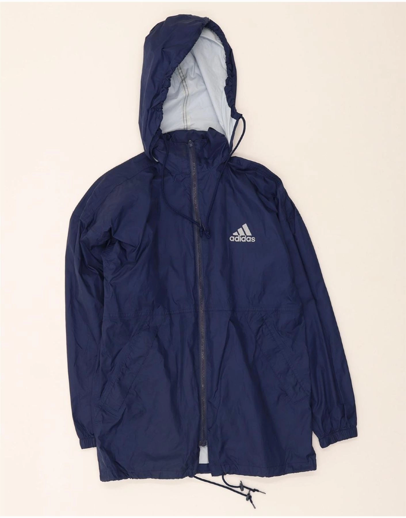 ADIDAS Boys Graphic Hooded Rain Jacket 15-16 Years Navy Blue Adaptive Climate Control